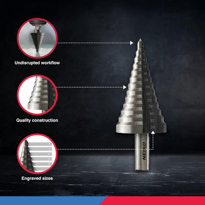 10198A 5-Piece Step Drill Bit Set - Metric Titanium High Speed Steel. 4mm to 35mm. Two Flute Design. 135° Point for Precision Drilling