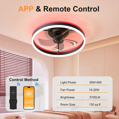 19.7 RGB Flush Mount Ceiling Fan with Light for Bedroom