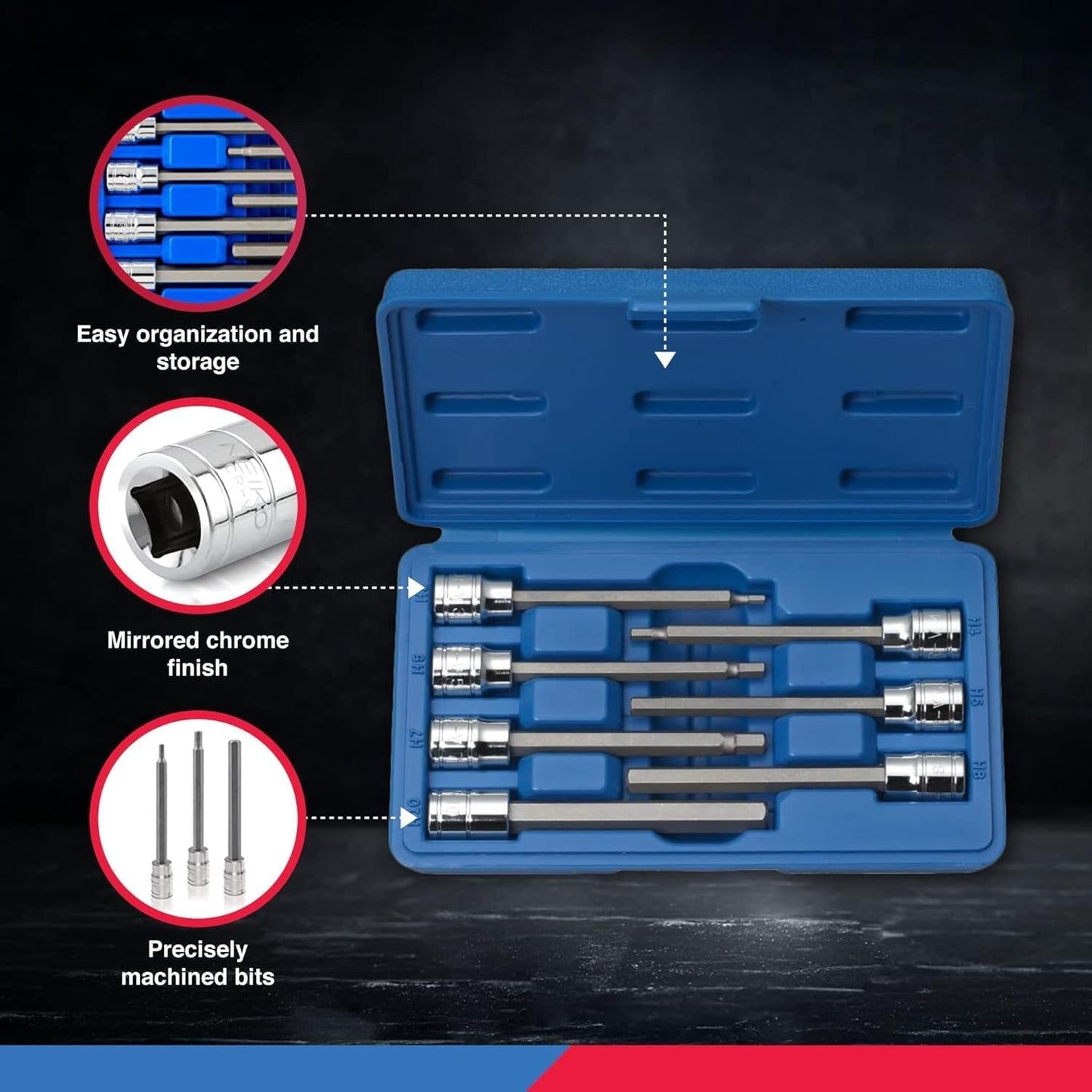 10072A 7-Piece Extra Long Allen Hex Bit Socket Set | 3/8-Inch Drive. SAE. Durable S2 & Cr-V Steel. 1/8-Inch to 3/8-Inch