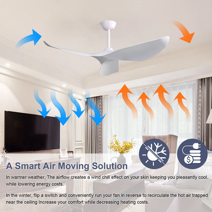 Indoor Ceiling Fan Without Light. 6 Speeds Reversible DC Motor. 3 ABS Blade Ceiling Fan White For Bedroom - White