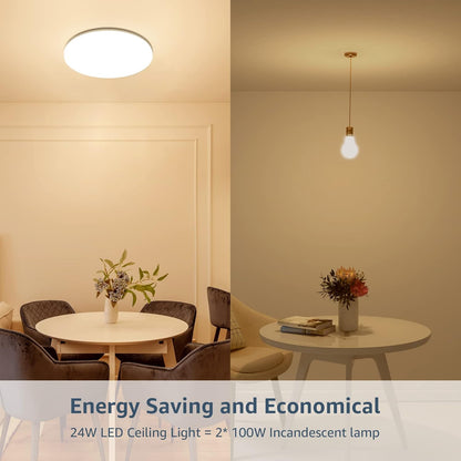 24W LED Ceiling Light. Waterproof IP54. Warm White 3000K. 200W Incandescent Bulb Equivalent. 2400lm Flush Mount Lighting Fitting for Bathroom. Bedroom. Kitchen. Hallway