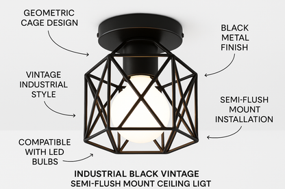 Industrial Black Vintage Style Semi Flush Mount Ceiling Light – vintage lighting for homes | E27 Fixture UK