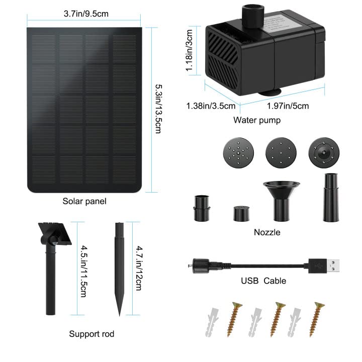 LEDBOKLI Solar Fountain Water Pump 2.5W Solar and USB Dual Powered Fountain Pump Max Flow 200L/H Solar Fountain Pump Kit with Stick and 7 Nozzles for Bird Bath. Garden. Backyard. Pool