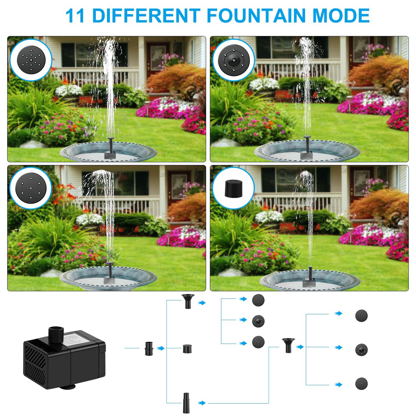 LEDBOKLI Solar Fountain Water Pump 2.5W Solar and USB Dual Powered Fountain Pump Max Flow 200L/H Solar Fountain Pump Kit with Stick and 7 Nozzles for Bird Bath. Garden. Backyard. Pool