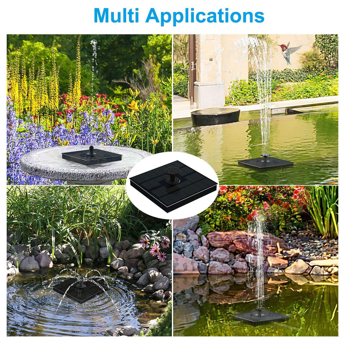 LEDGLE Solar Fountain Pump for Bird Bath. 2W Solar Fountain Pump with 7 Nozzles. Solar Water Fountain with 4 Fixed Rod. Solar Bird Bath Fountains for Outdoors. Pool. Water Feature. Garden. Patio