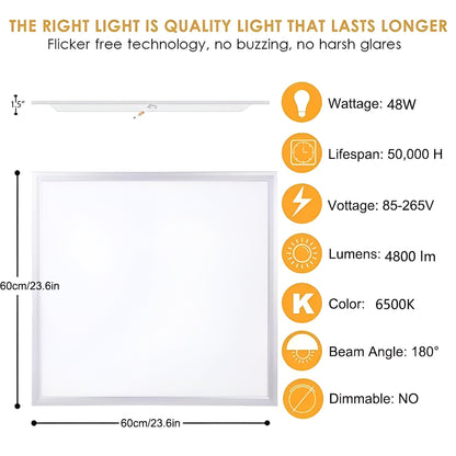2-Pack 48W LED Panel Lights. 600x600mm - Energy-Saving Cool White 6500K for Versatile Lighting Solutions