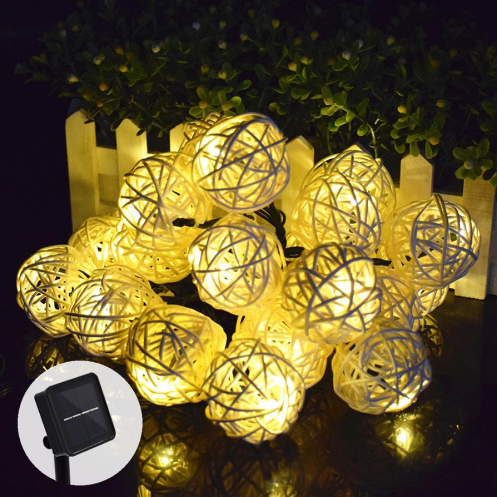 Guirlande Solaire <br>Boule de Rotin Jaune