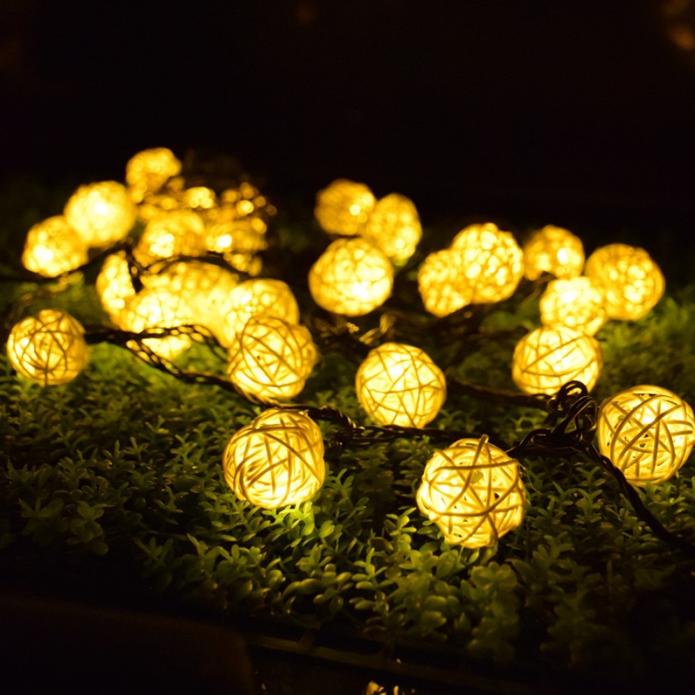 Guirlande Solaire <br>Boule de Rotin Jaune