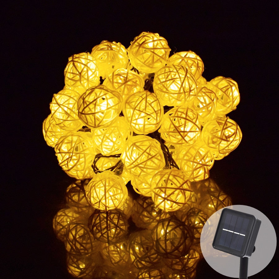 Guirlande Solaire <br>Boule de Rotin Jaune