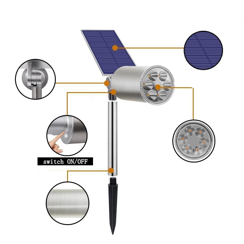 Balise solaire extérieure Projecteur à piquet jardin 6 LED (Inox)