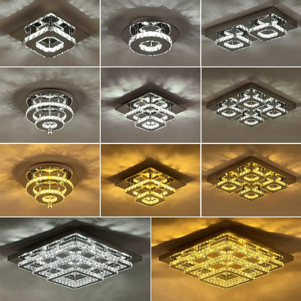 Modern Square Chrome Crystal LED Ceiling Light Lamp Fitting Pendant Chandelier