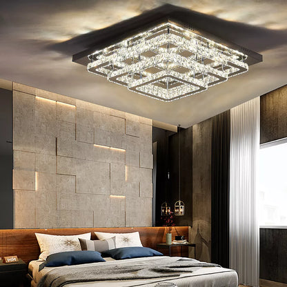 Modern Square Chrome Crystal LED Ceiling Light Lamp Fitting Pendant Chandelier