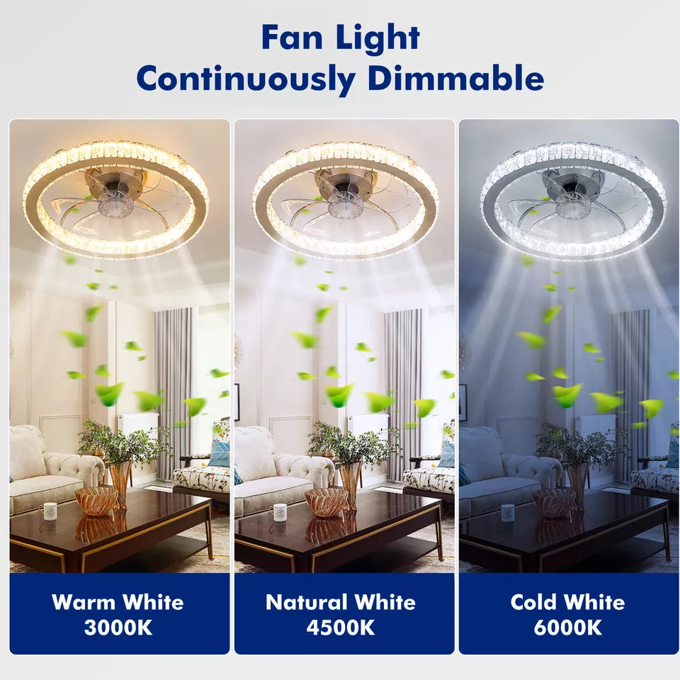 LED Crystal Ceiling Fan Light Dimmable Fan Ceiling Lamp Quiet W/ Remote Control