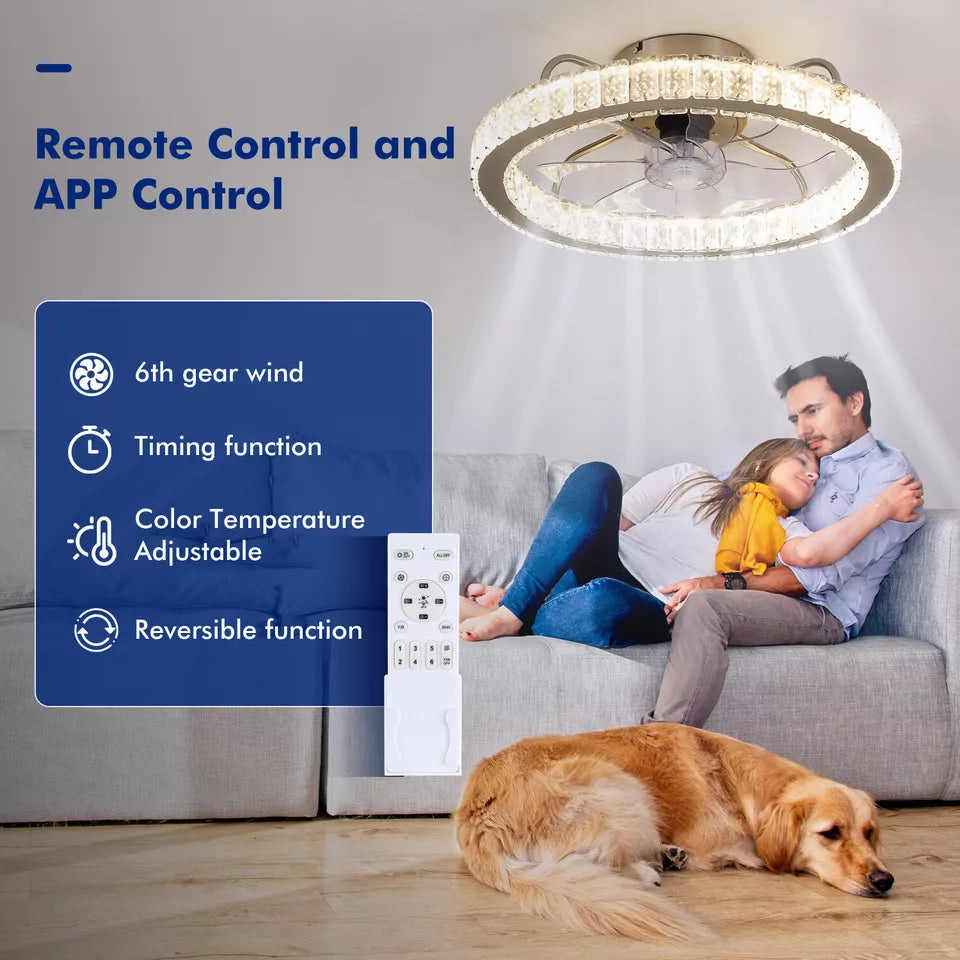LED Crystal Ceiling Fan Light Dimmable Fan Ceiling Lamp Quiet W/ Remote Control