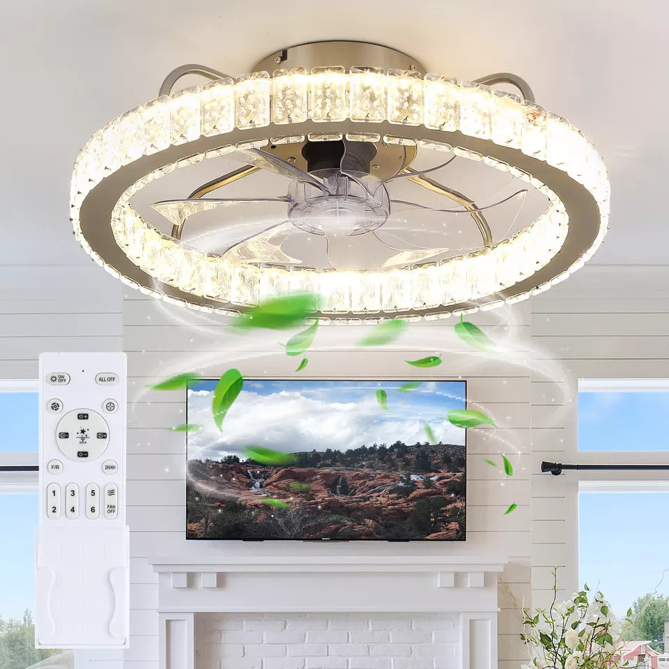 LED Crystal Ceiling Fan Light Dimmable Fan Ceiling Lamp Quiet W/ Remote Control