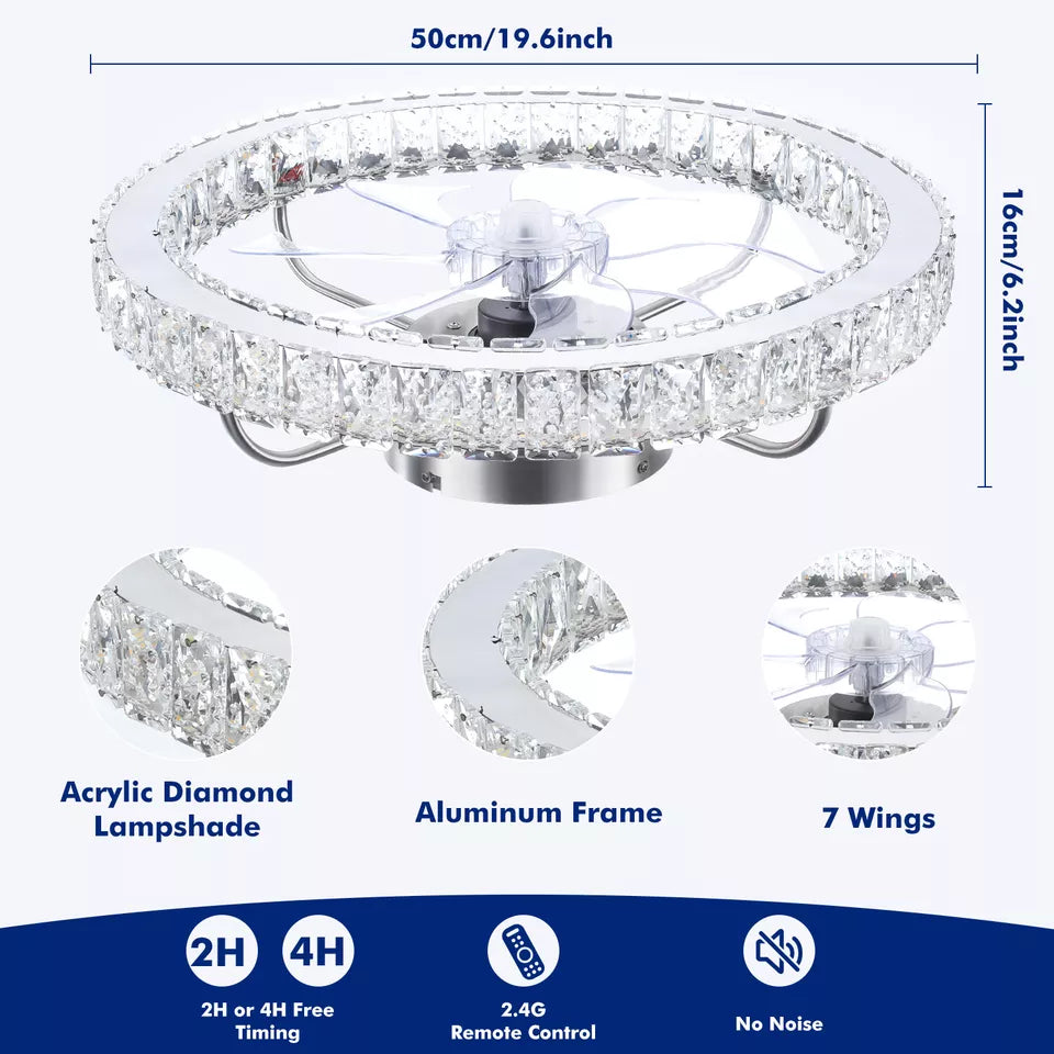 LED Crystal Ceiling Fan Light Dimmable Fan Ceiling Lamp Quiet W/ Remote Control