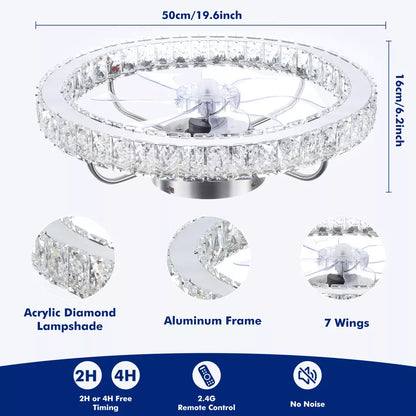 LED Crystal Ceiling Fan Light Dimmable Fan Ceiling Lamp Quiet W/ Remote Control