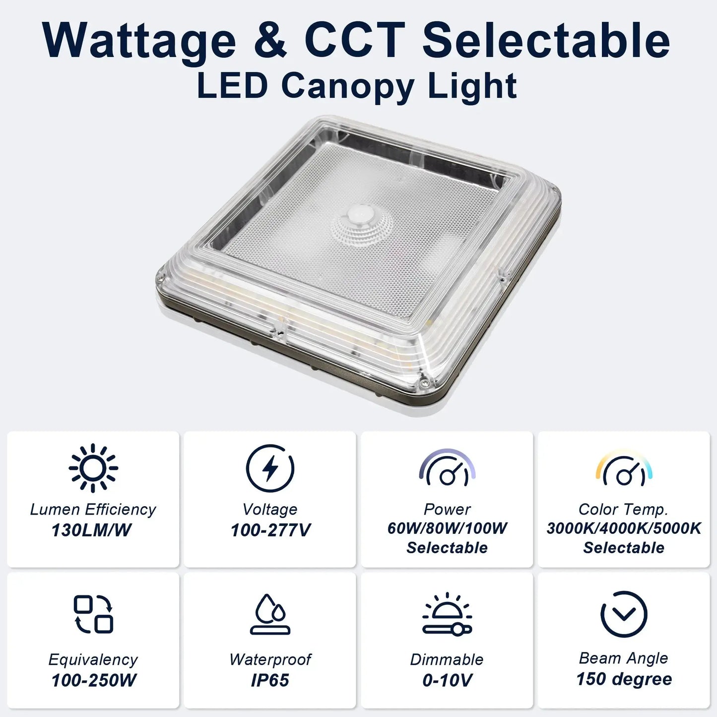 LED Parking Garage Canopy Light-Selectable Wattage and CCT-Up to 13.000 Lumens-60W / 80W / 100W-3000K/4000K/5000K