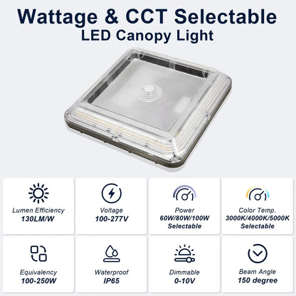 LED Parking Garage Canopy Light-Selectable Wattage and CCT-Up to 13.000 Lumens-60W / 80W / 100W-3000K/4000K/5000K