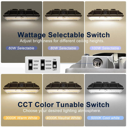 LED Parking Garage Canopy Light-Selectable Wattage and CCT-Up to 13.000 Lumens-60W / 80W / 100W-3000K/4000K/5000K