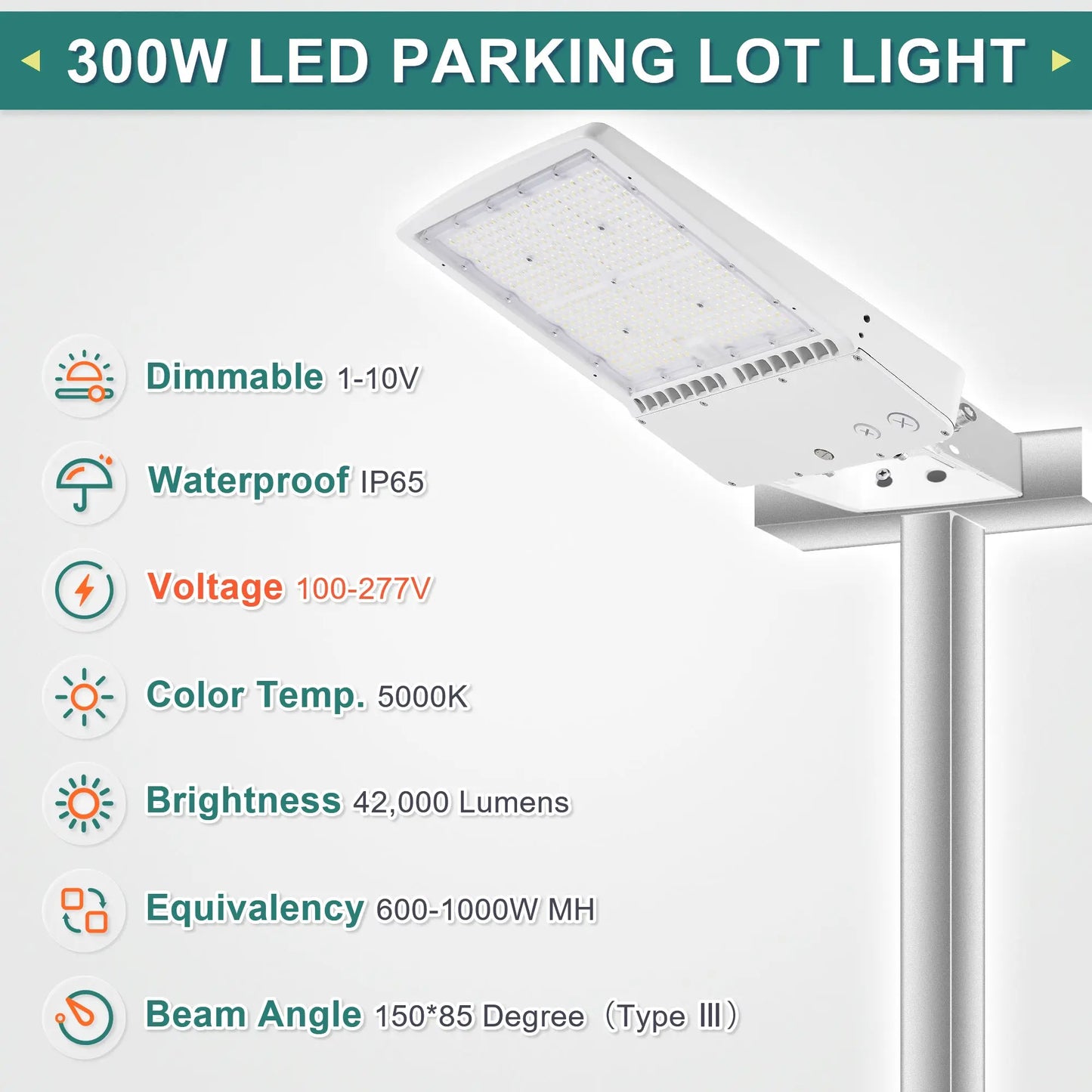 300W White Housing LED Parking Lot Light-1000W MH Equiv-42.000 Lumens-5000K Daylight-100-277V AC-UL& DLC Listed