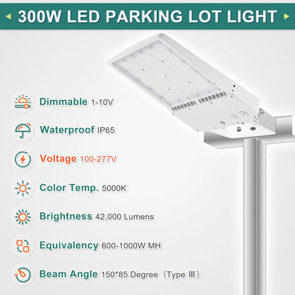 300W White Housing LED Parking Lot Light-1000W MH Equiv-42.000 Lumens-5000K Daylight-100-277V AC-UL& DLC Listed