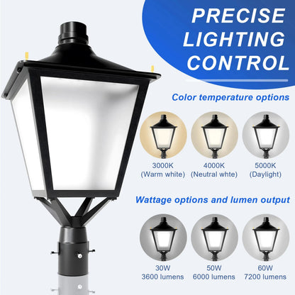 LED Decorative Post Top Light-30/50/60W Wattage Selectable-3000K/4000K/5000K CCT Adjustable-AC 100-277V