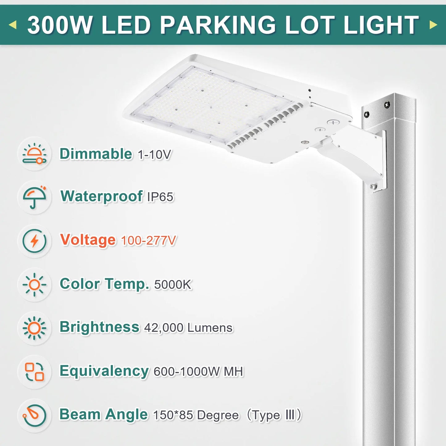 300W White Housing LED Parking Lot Light-1000W MH Equiv-42.000 Lumens-5000K Daylight-100-277V AC-UL& DLC Listed