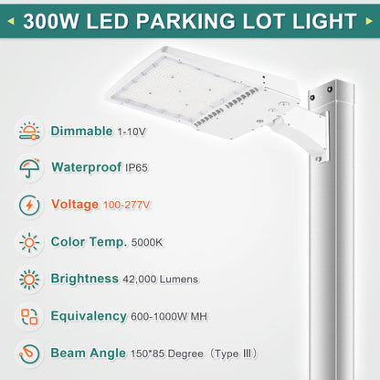 300W White Housing LED Parking Lot Light-1000W MH Equiv-42.000 Lumens-5000K Daylight-100-277V AC-UL& DLC Listed
