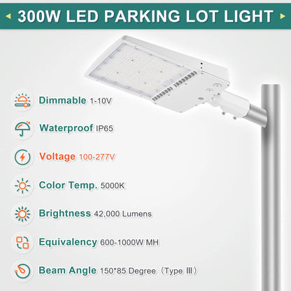 300W White Housing LED Parking Lot Light-1000W MH Equiv-42.000 Lumens-5000K Daylight-100-277V AC-UL& DLC Listed