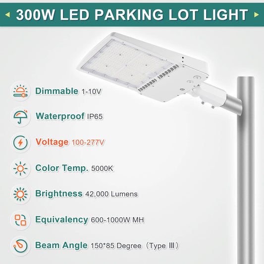 300W White Housing LED Parking Lot Light-1000W MH Equiv-42.000 Lumens-5000K Daylight-100-277V AC-UL& DLC Listed