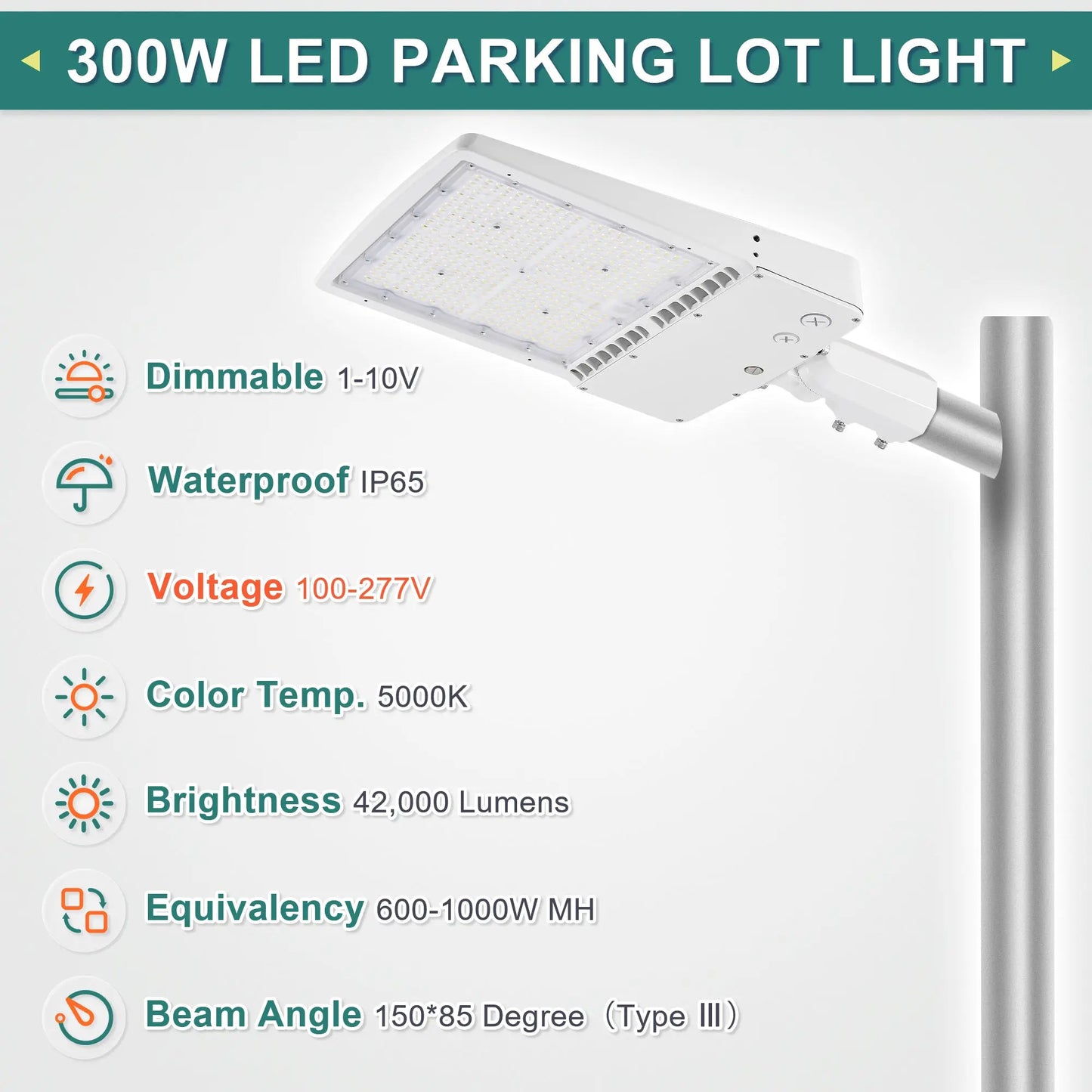 300W White Housing LED Parking Lot Light-1000W MH Equiv-42.000 Lumens-5000K Daylight-100-277V AC-UL& DLC Listed