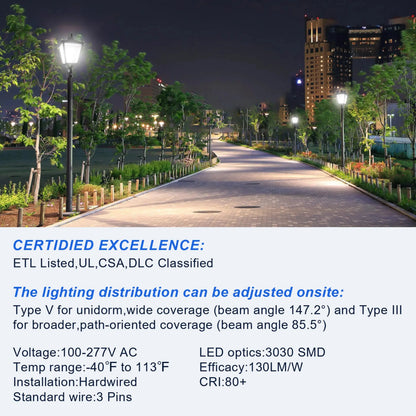 LED Decorative Post Top Light-30/50/60W Wattage Selectable-3000K/4000K/5000K CCT Adjustable-AC 100-277V